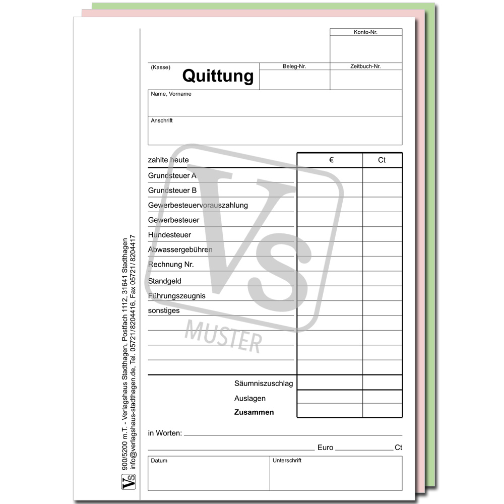 Quittung im Block zu 25 Satz m. Eindruck d. Kostenarten