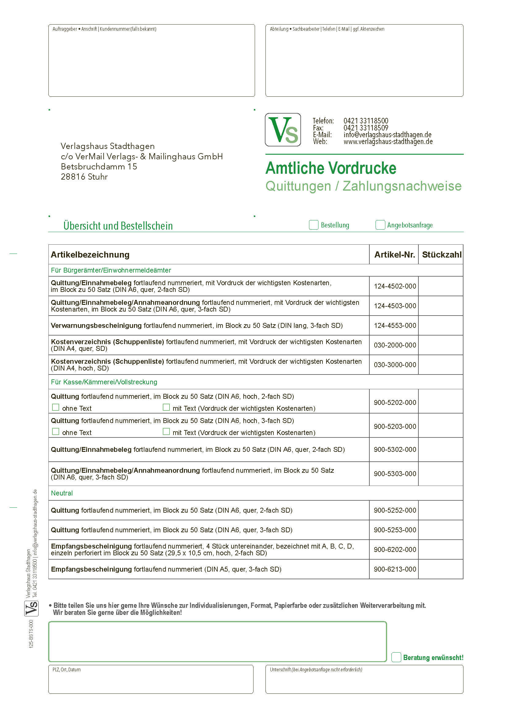 Bestellschein Quittungen & Zahlungsbelege