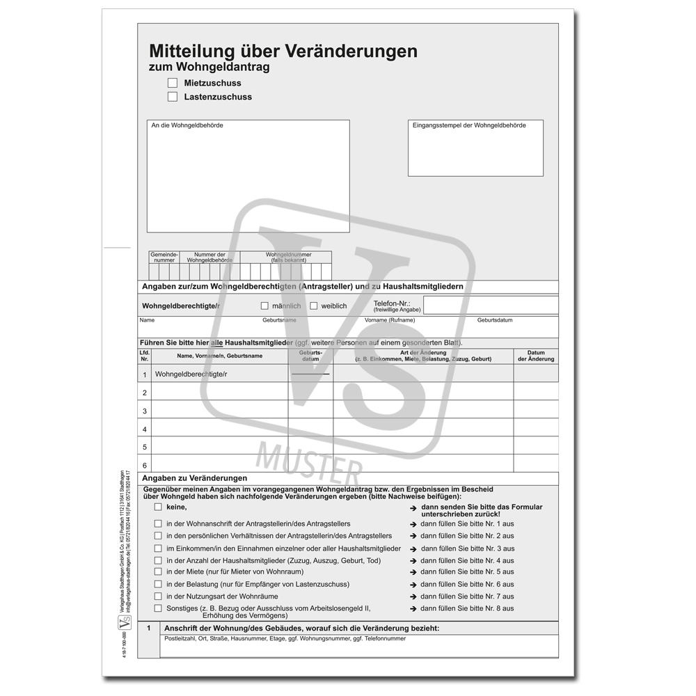 Veränderungsmitteilung zu den für den Anspruch auf Wohngeld maßgeblichen Verhältnissen