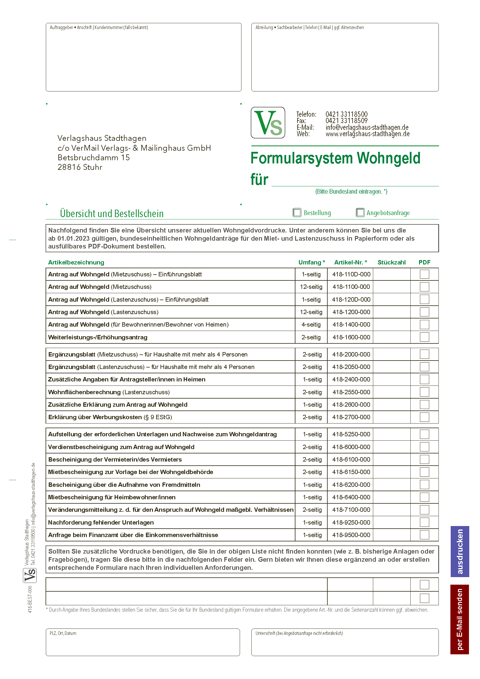 Bestellschein für Wohngeldformulare